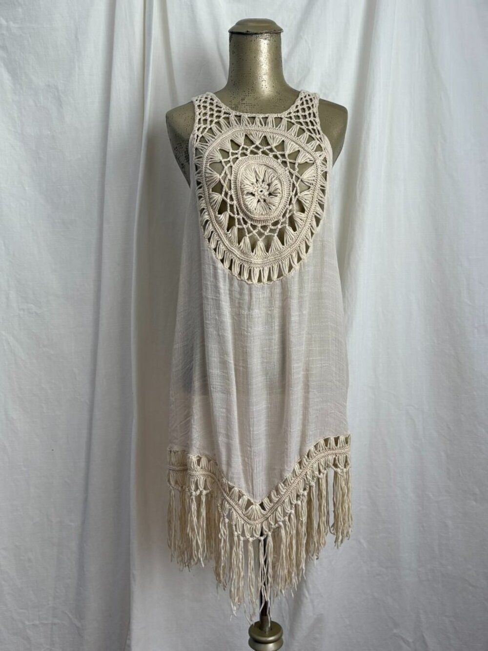 Cream Crochet Fringe Mini Dress Swim Cover Up Beach Boho OS Travel Vacation